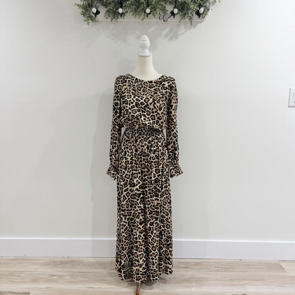 Loft Leopard Print Brown Long Sleeve Maxi Dress XS Smocked Waist DG
